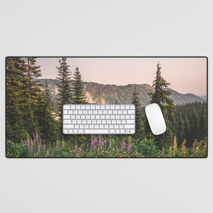 Mount Rainier Wildflower Adventure - National Park Wanderlust Desk Mat