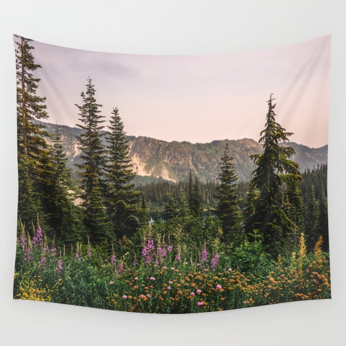 Mount Rainier Wildflower Adventure - National Park Wanderlust Wall Tapestry