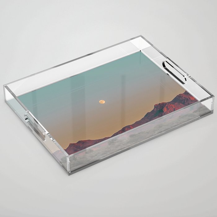 Sunset Moon Ridge // Grainy Red Mountain Range Desert Landscape Photography Yellow Fullmoon Blue Sky Acrylic Tray