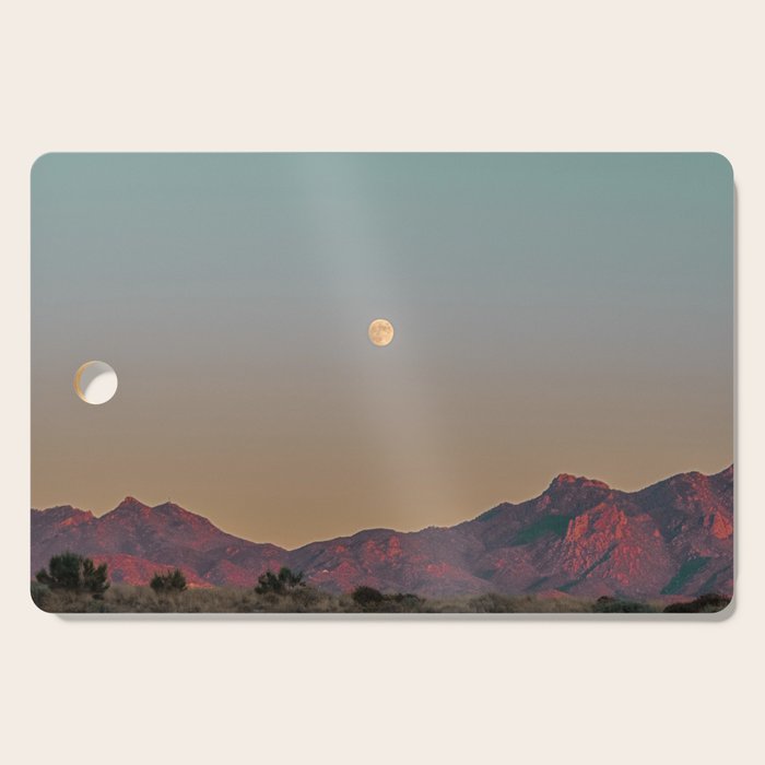 Sunset Moon Ridge // Grainy Red Mountain Range Desert Landscape Photography Yellow Fullmoon Blue Sky Cutting Board