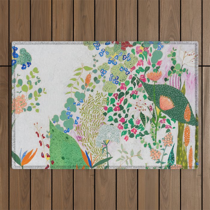 Painterly Floral Jungle On Pink And White Outdoor Rug