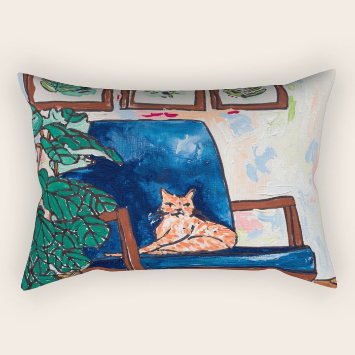 Ginger Cat On Blue Mid Century Chair Painting Rectangular Pillow