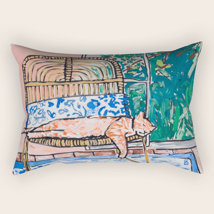 Napping Ginger Cat In Pink Jungle Garden Room Rectangular Pillow