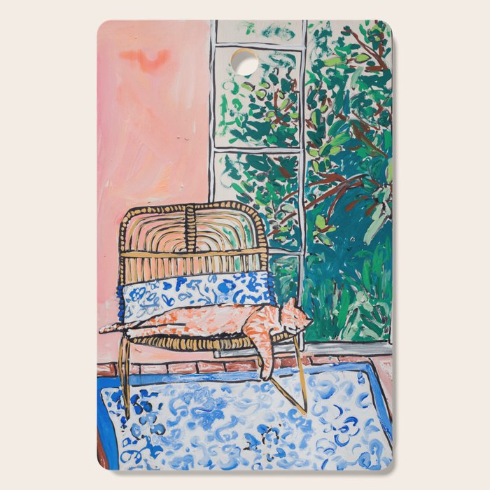 Napping Ginger Cat In Pink Jungle Garden Room Cutting Board