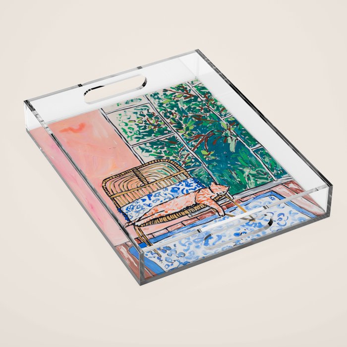 Napping Ginger Cat In Pink Jungle Garden Room Acrylic Tray