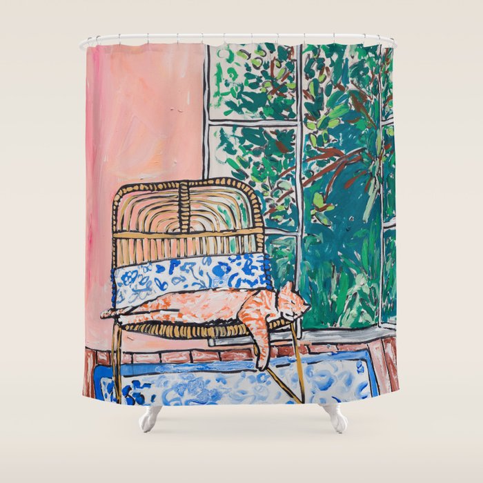 Napping Ginger Cat In Pink Jungle Garden Room Shower Curtain