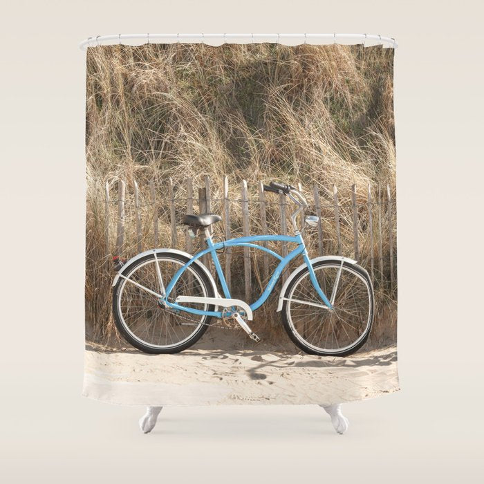 Blue Beach Bike In Holland Photo | Dutch Grass Dunes Summer Holiday Art Print | Europe Travel Photography Shower Curtain