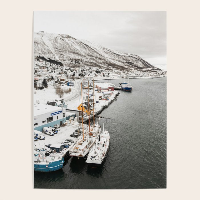 Harbor In Norway Snow Photo | Winter In Norway Boats And Mountains Art Print | Travel Photography Poster