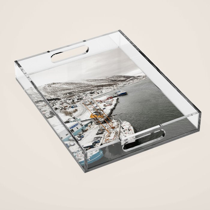 Harbor In Norway Snow Photo | Winter In Norway Boats And Mountains Art Print | Travel Photography Acrylic Tray
