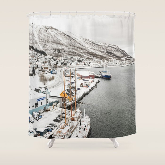 Harbor In Norway Snow Photo | Winter In Norway Boats And Mountains Art Print | Travel Photography Shower Curtain