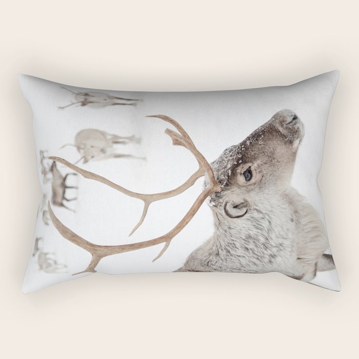 Reindeer With Antlers Art Print | Tromsø Norway Animal Snow Photo | Arctic Winter Travel Photography Rectangular Pillow