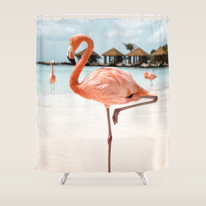 Pink Flamingo Beach Summer Photo | Aruba Tropical Island Art Print | Caribbean Travel Photography Shower Curtain