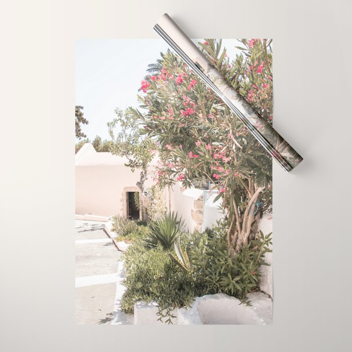 Greece Summer Scenery With Plants Photo | White Island Architecture Art Print | Europe Travel Photography Wrapping Paper