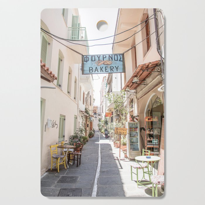 Street In Greece Photo | Pastel Village Houses Summer Art Print | Europe Digital Travel Photography Cutting Board