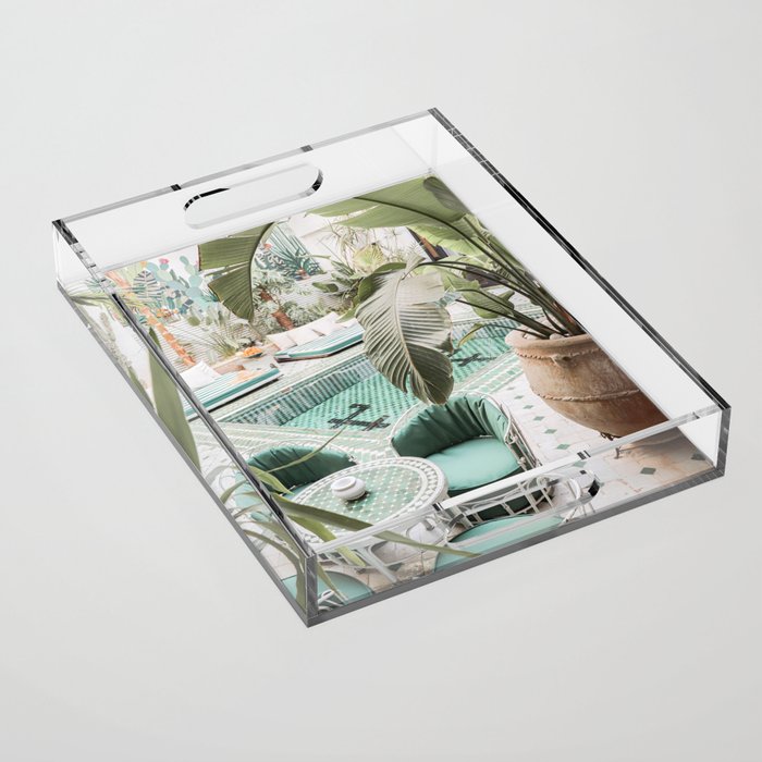 Travel Photography Art Print | Tropical Plant Leaves In Marrakech Photo | Green Pool Interior Design Acrylic Tray