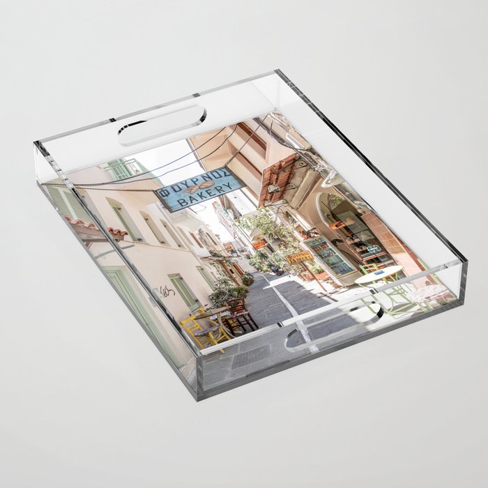 Street In Greece Photo | Pastel Village Houses Summer Art Print | Europe Digital Travel Photography Acrylic Tray