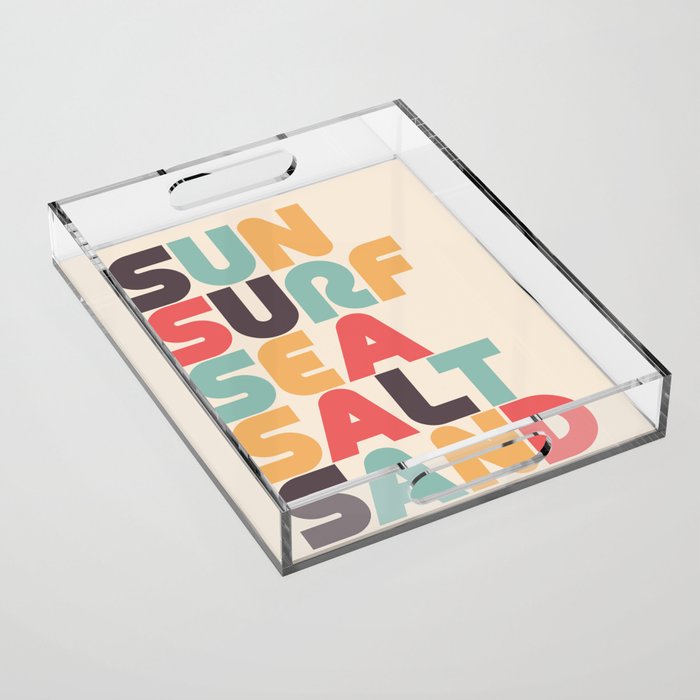 Sun Surf Sea Salt Sand Typography - Retro Rainbow Acrylic Tray