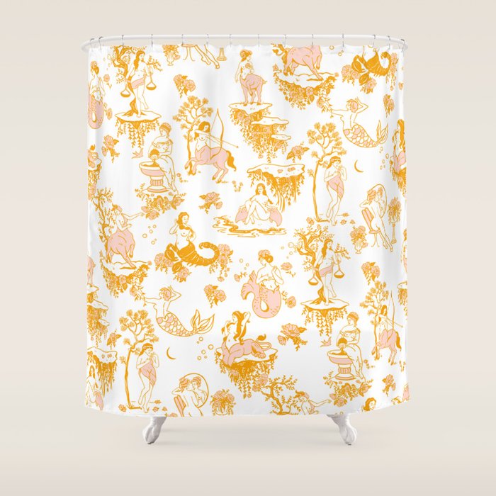 Gold Zodiac Toile Pattern Shower Curtain