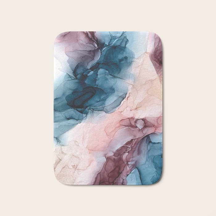 Pastel Plum, Deep Blue, Blush And Gold Abstract Painting Bath Mat