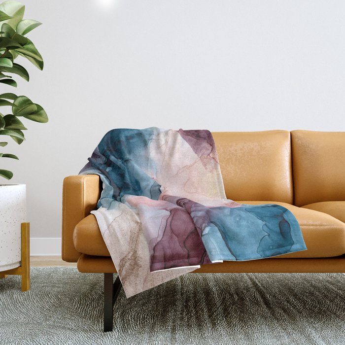 Pastel Plum, Deep Blue, Blush And Gold Abstract Painting Throw Blanket