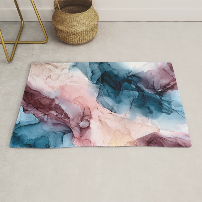 Pastel Plum, Deep Blue, Blush And Gold Abstract Painting Rug