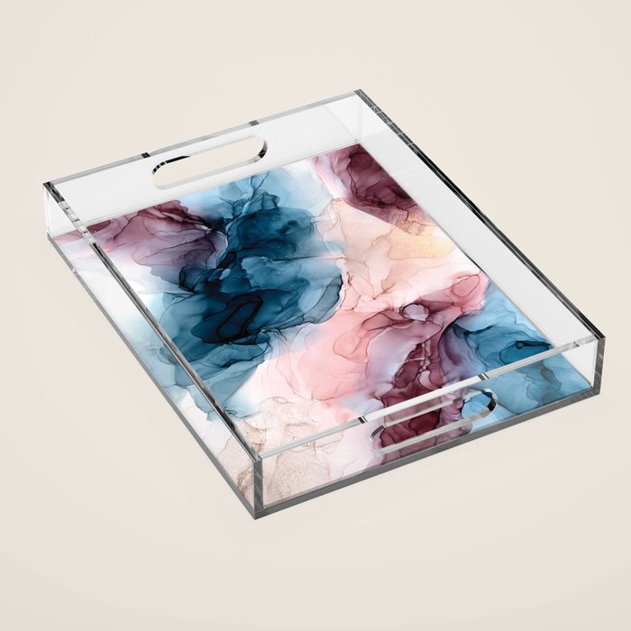 Pastel Plum, Deep Blue, Blush And Gold Abstract Painting Acrylic Tray