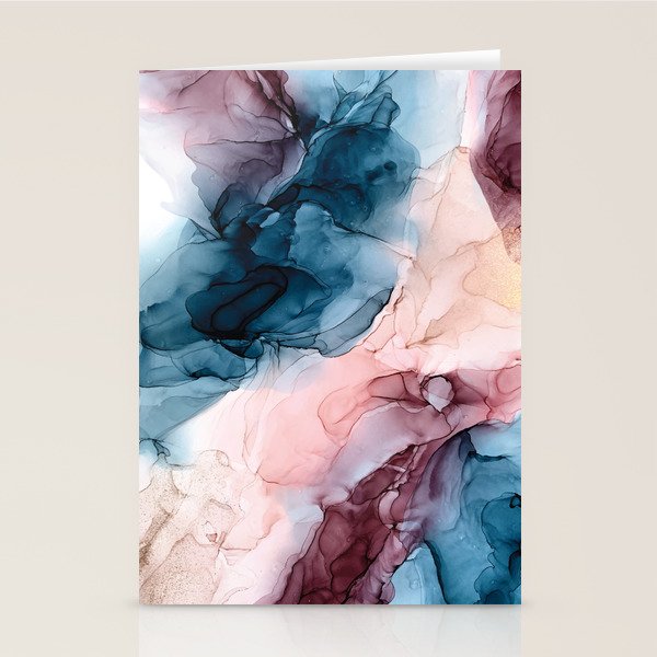 Pastel Plum, Deep Blue, Blush And Gold Abstract Painting Stationery Card