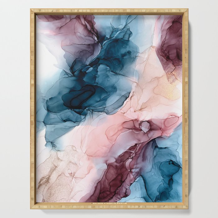Pastel Plum, Deep Blue, Blush And Gold Abstract Painting Serving Tray