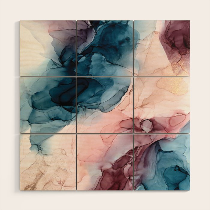 Pastel Plum, Deep Blue, Blush And Gold Abstract Painting Wood Wall Art