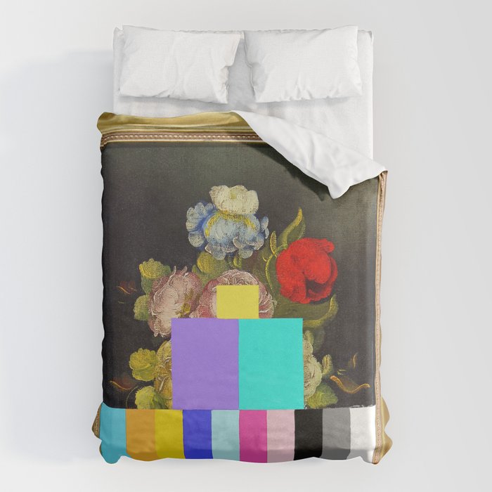 A Painting Of Flowers With Color Bars Duvet Cover