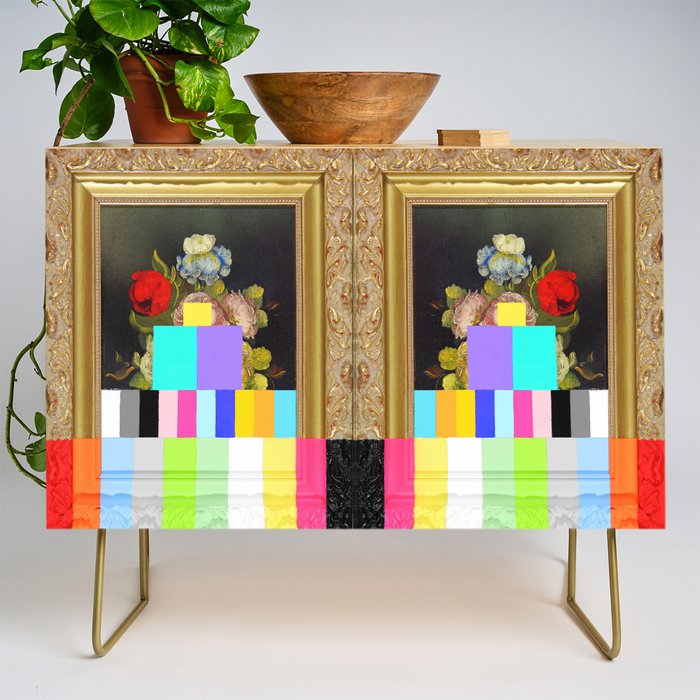 A Painting Of Flowers With Color Bars Credenza