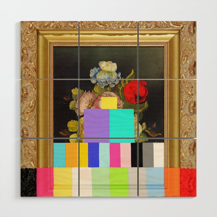 A Painting Of Flowers With Color Bars Wood Wall Art