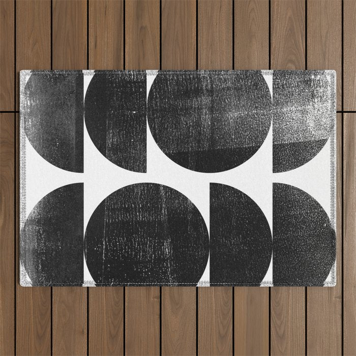 Black And White Mid Century Modern Circles Abstract Outdoor Rug