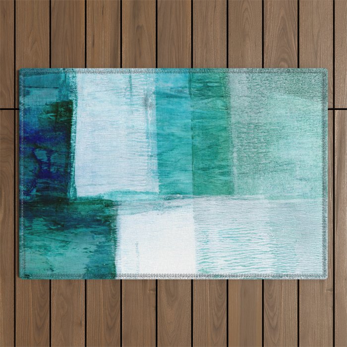 Aqua Blue Geometric Abstract Textured Painting Outdoor Rug