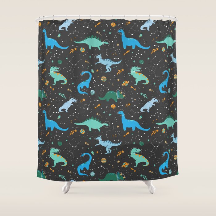 Dinosaurs In Space In Blue Shower Curtain