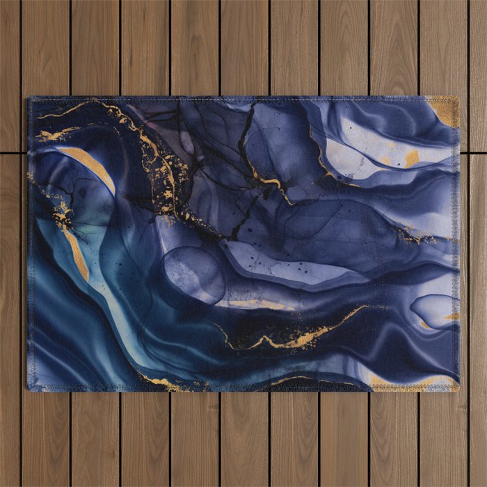 Midnight Dark Blue Marble Alcohol Ink Marble Art Flashes Outdoor Rug