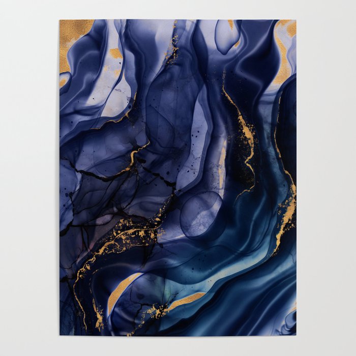 Midnight Dark Blue Marble Alcohol Ink Marble Art Flashes Poster