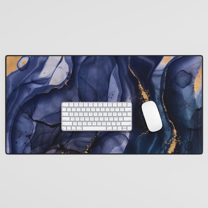 Midnight Dark Blue Marble Alcohol Ink Marble Art Flashes Desk Mat