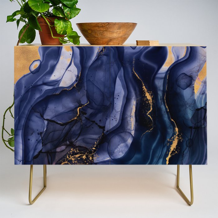 Midnight Dark Blue Marble Alcohol Ink Marble Art Flashes Credenza