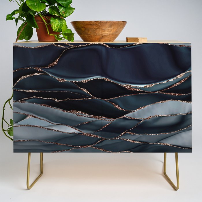 Midnight Marble Deep Ocean Waves Credenza