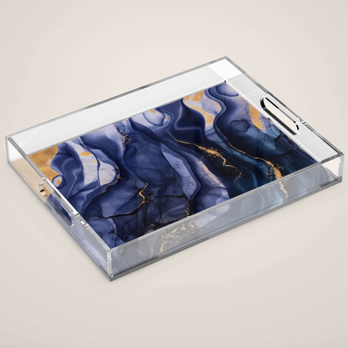 Midnight Dark Blue Marble Alcohol Ink Marble Art Flashes Acrylic Tray