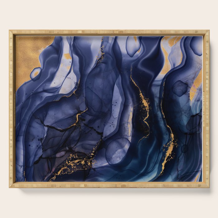 Midnight Dark Blue Marble Alcohol Ink Marble Art Flashes Serving Tray