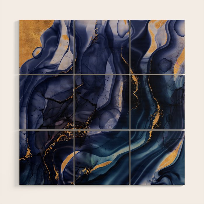 Midnight Dark Blue Marble Alcohol Ink Marble Art Flashes Wood Wall Art
