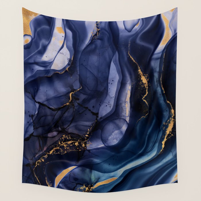 Midnight Dark Blue Marble Alcohol Ink Marble Art Flashes Wall Tapestry