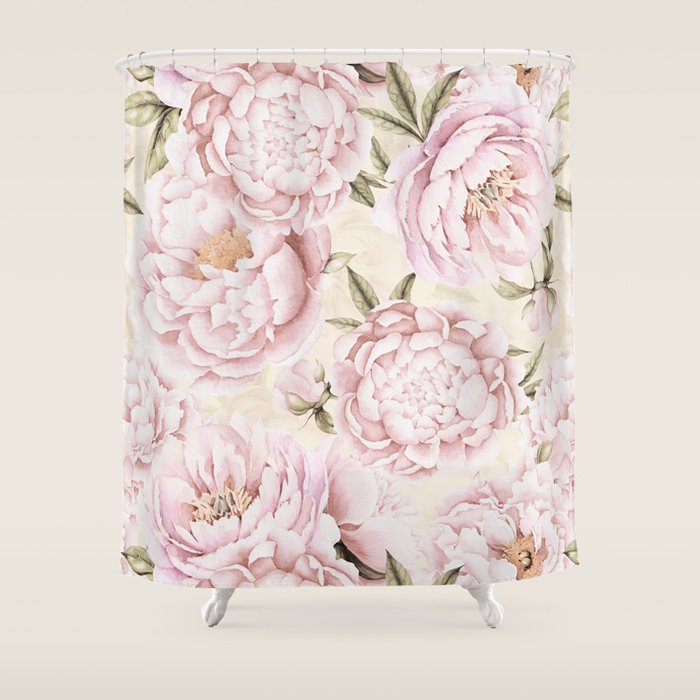 Pastel Blush Pink Spring Watercolor Peony Flowers Pattern Shower Curtain