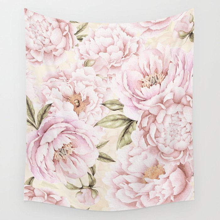 Pastel Blush Pink Spring Watercolor Peony Flowers Pattern Wall Tapestry