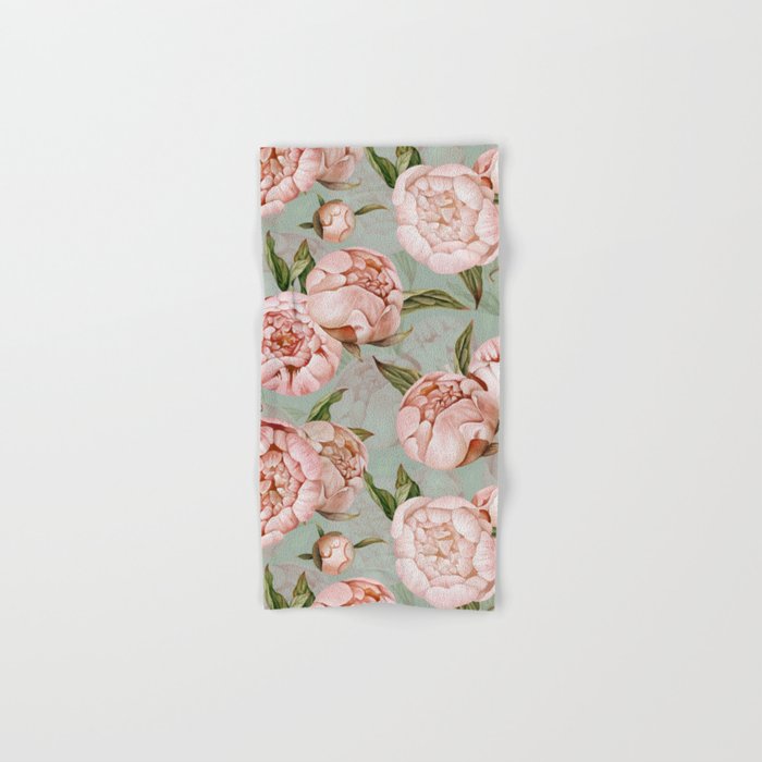 Peach Peonies Watercolor Pattern On Teal Sepia  Bath Towel