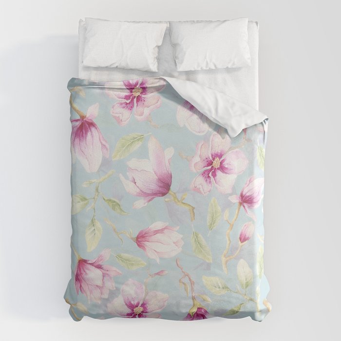 Hygge Hand Painted Watercolor Magnolia Blossoms Duvet Cover