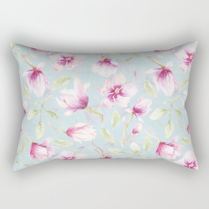Hygge Hand Painted Watercolor Magnolia Blossoms Rectangular Pillow