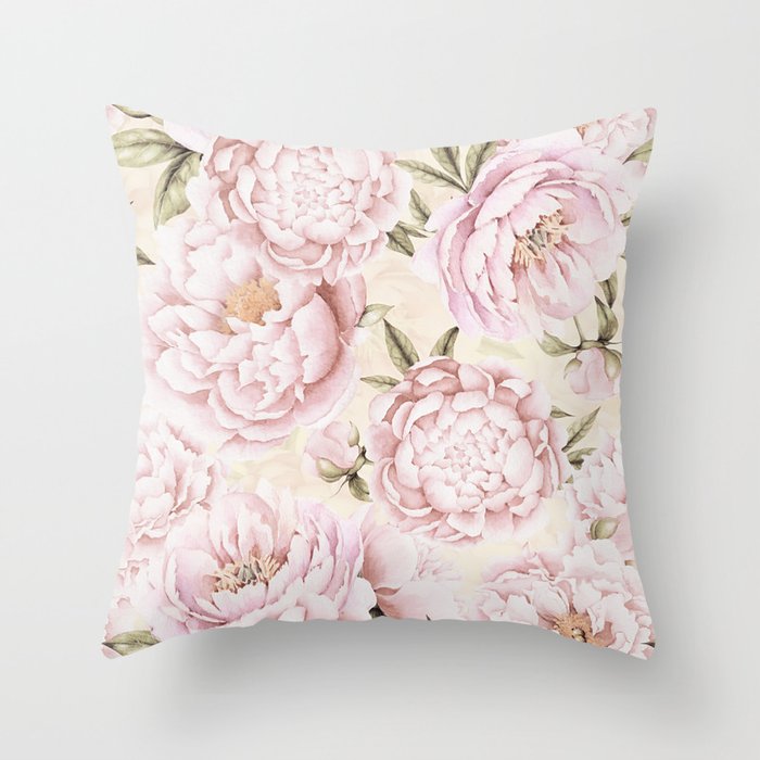 Pastel Blush Pink Spring Watercolor Peony Flowers Pattern Throw Pillow